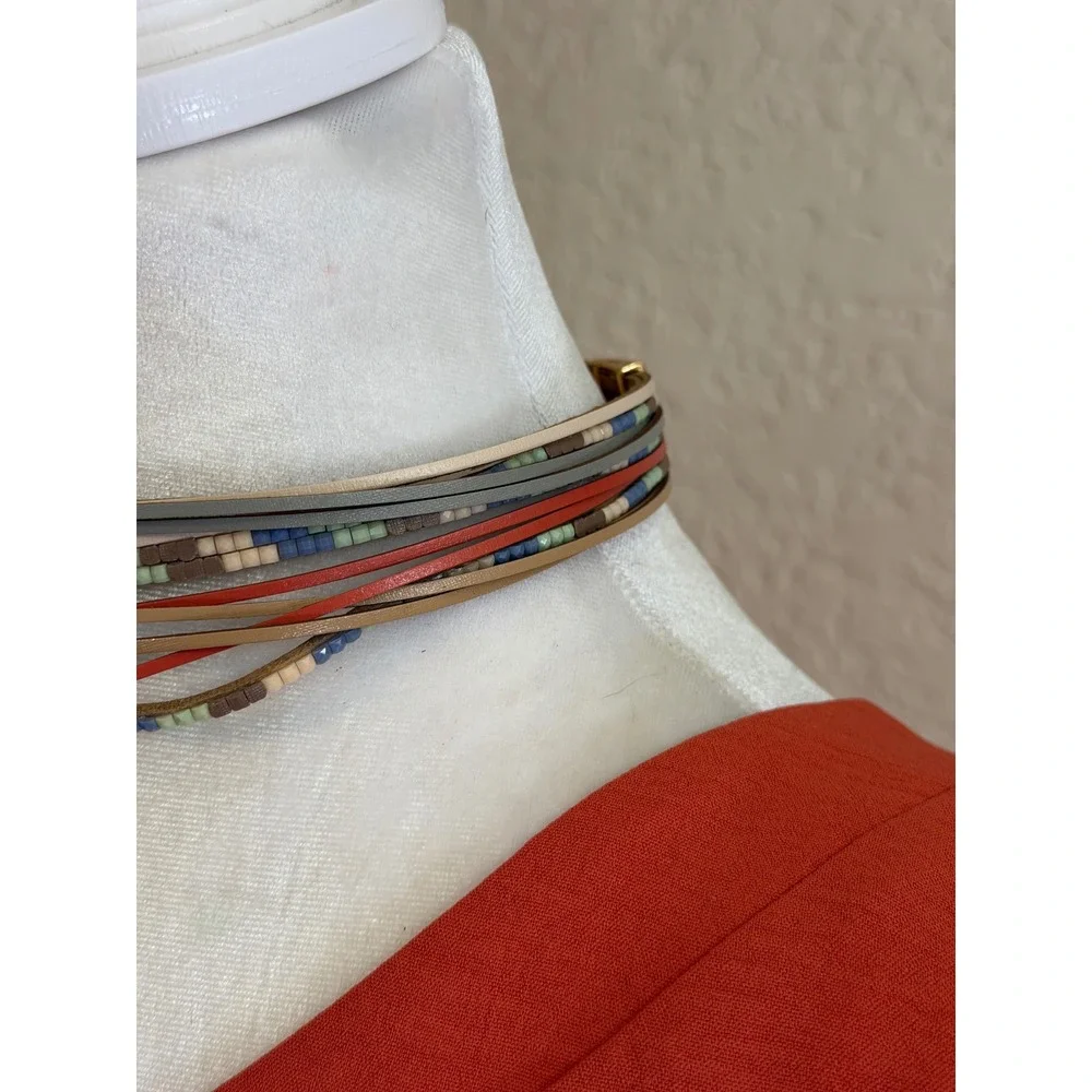 Multi-Strand‎ Leather Beaded Choker Necklace Womens Multicolor Boho
